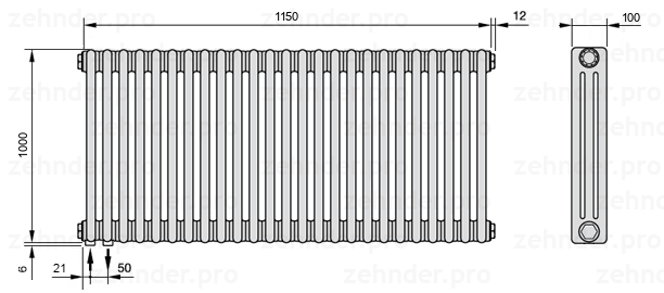 Схема (чертеж) Радиатор Zehnder Charleston 3100/25 №3370 Белый глянцевый RAL 9016